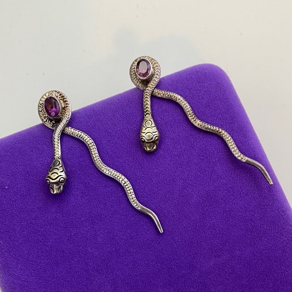💛 Vintage 925 Silver Snake Earrings with Purple Amethyst Gemstone - Picture 4 of 7